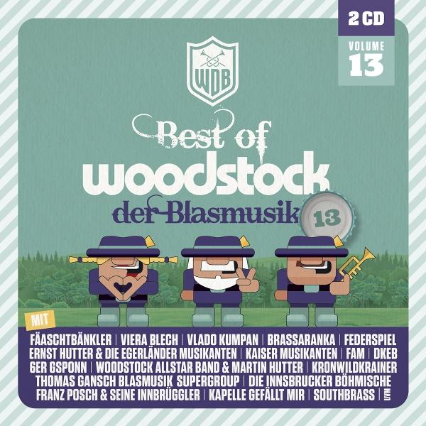 Albumcover: "Best of Woodstock der Blasmusik." Zeigt Cartoon-Musiker, Logo und Titelliste.