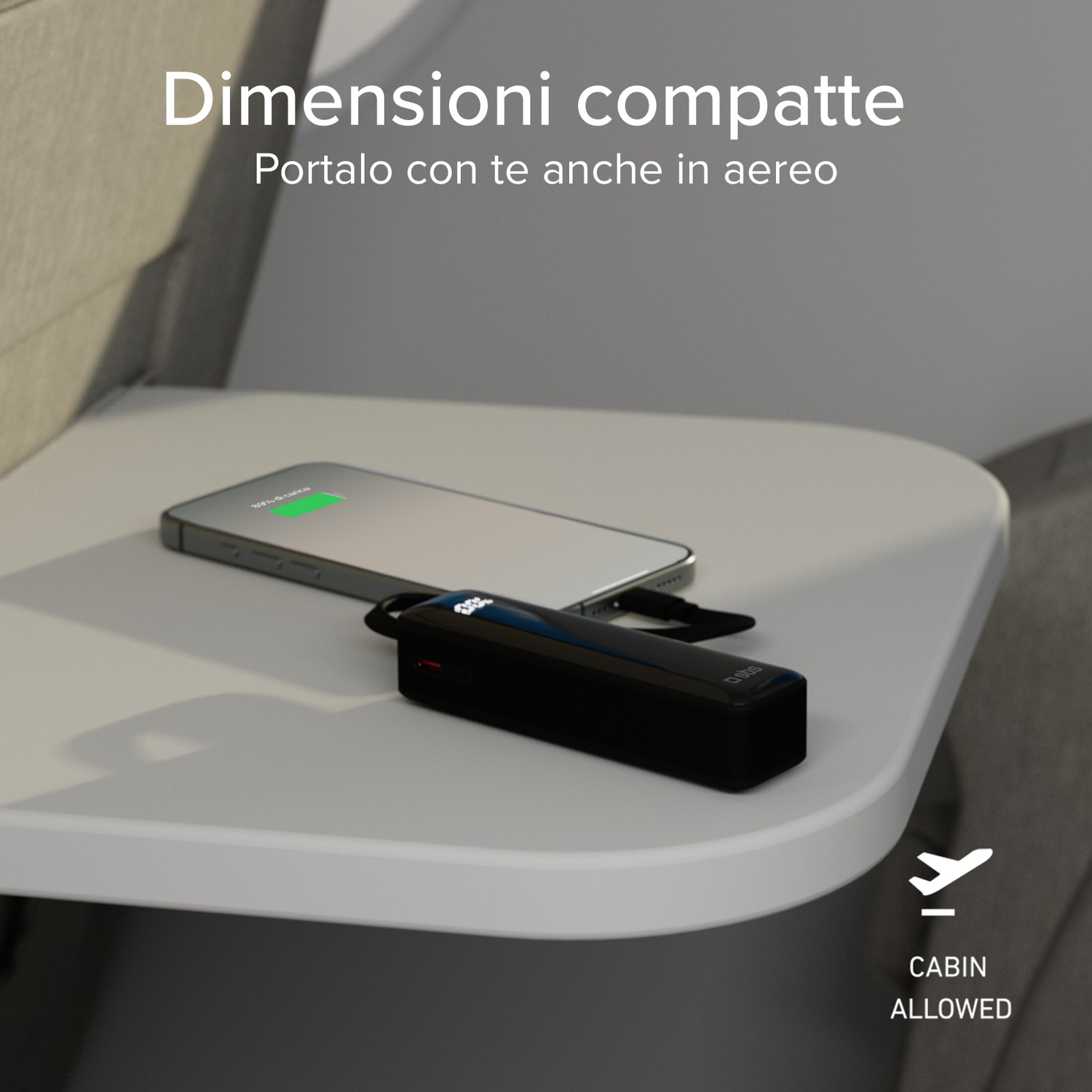 Dispositivo nero e telefono su un vassoio bianco. Testo in alto, simbolo aereo in basso. Cabina consentita.