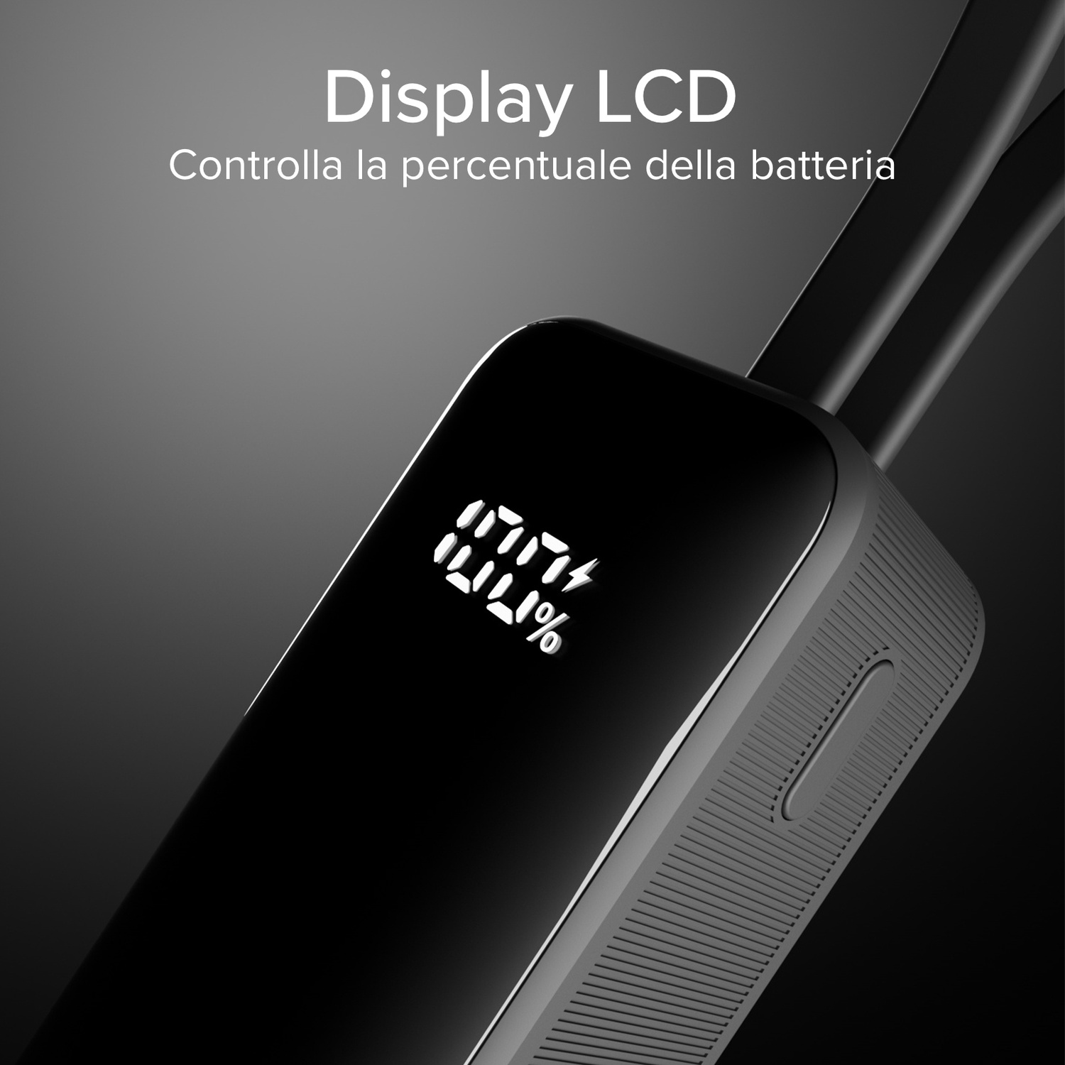 Dispositivo nero con display che mostra il 77% di batteria. In alto 'Display LCD' e testo italiano.