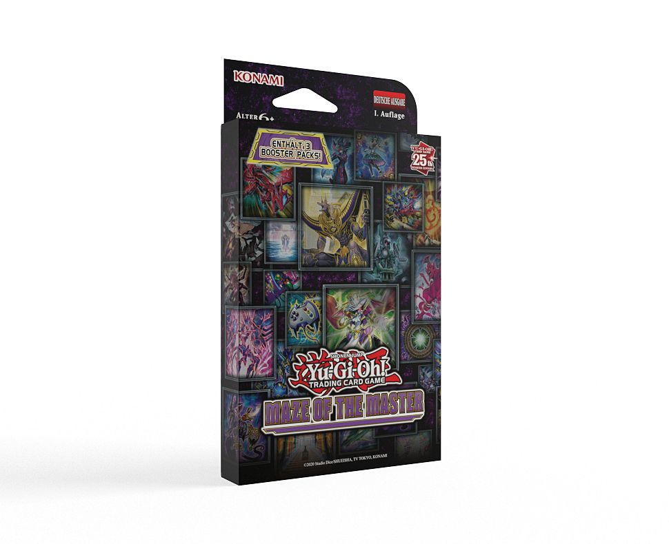 Yu-Gi-Oh!-Sammelkartenspielbox. Sie trägt den Schriftzug „Maze of the Master“ mit mehreren Bildern von Monstern und dem Konami-Logo.