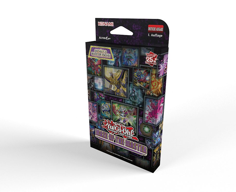 Yu-Gi-Oh! Kartenspielbox. Schwarz und lila, mit Spielkunst, Konami-Logo und Titel 'Maze of the Master'.
