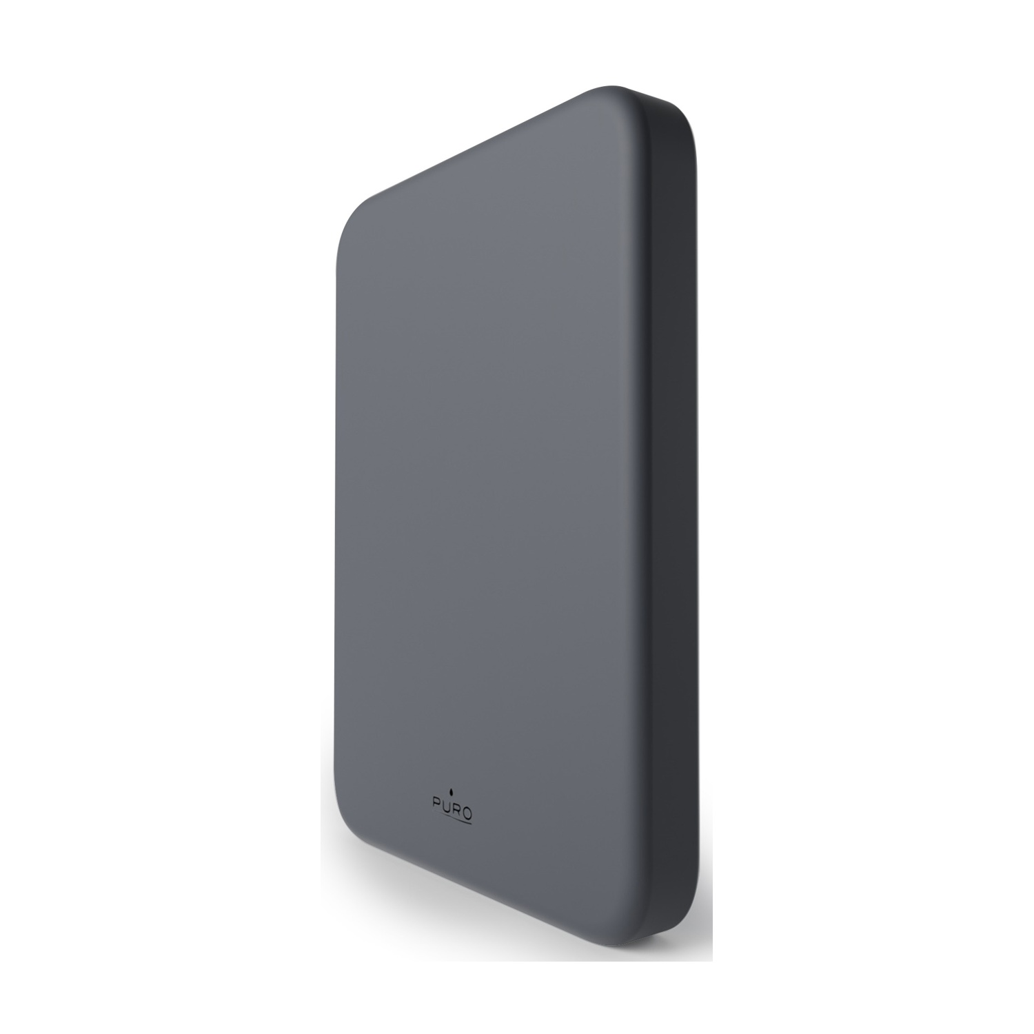 Un dispositivo rettangolare grigio, forse una custodia per telefono, con bordi arrotondati, leggermente angolato, su sfondo bianco.