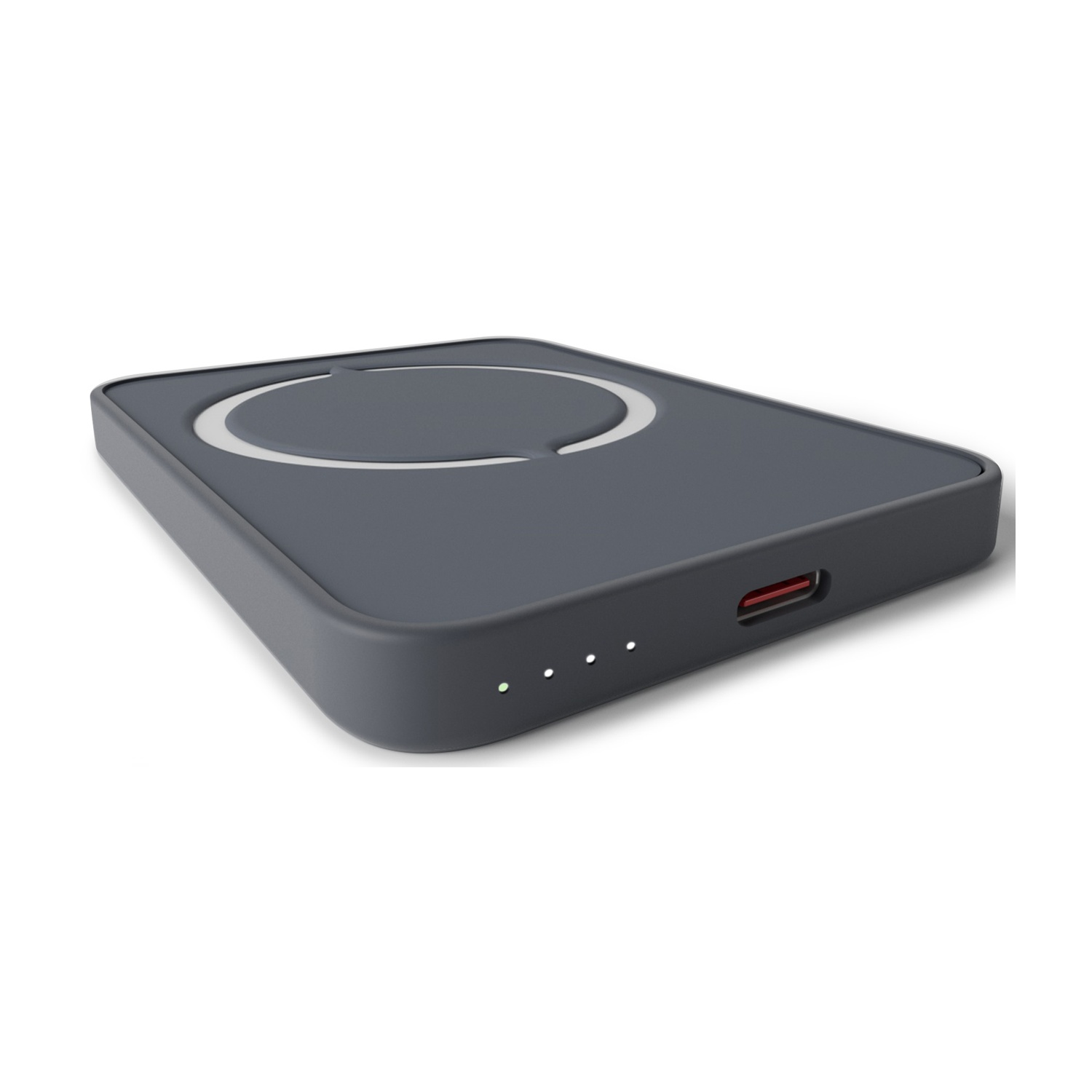 Un caricatore wireless rettangolare grigio scuro con un design circolare bianco sulla parte superiore. Sono visibili tre piccole luci e una porta rossa.