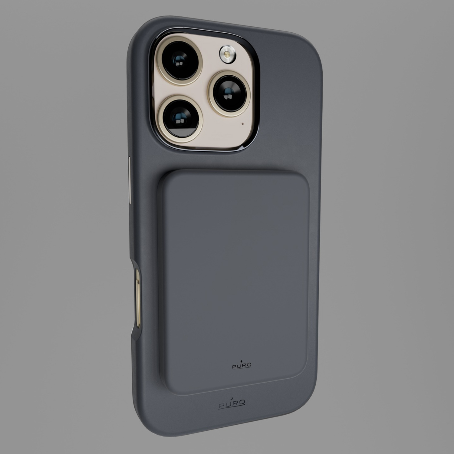 Custodia per telefono grigio scuro con attacco quadrato e tre obiettivi della fotocamera. Il marchio "puro" è visibile.