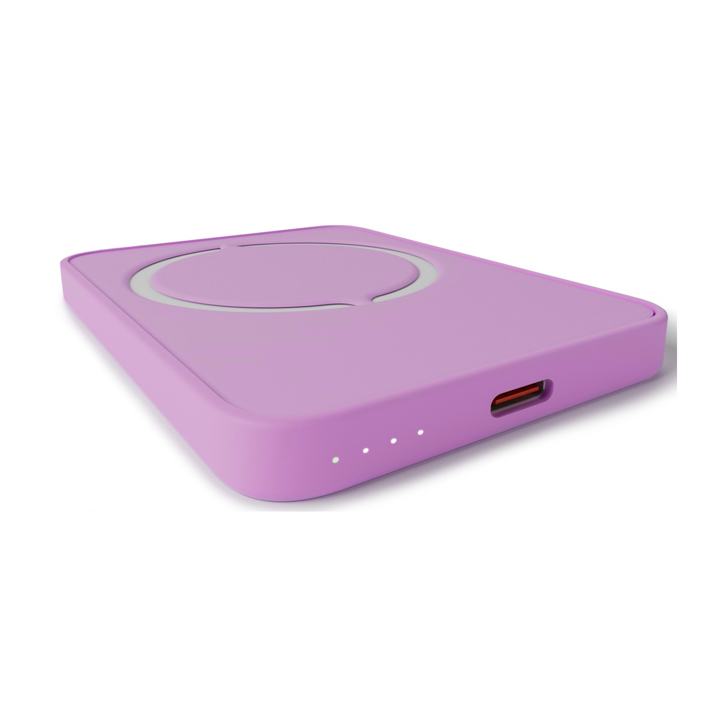 Un power bank lavanda con un'area di ricarica circolare bianca. Tre punti bianchi indicano il livello di carica. Porta USB-C visibile.