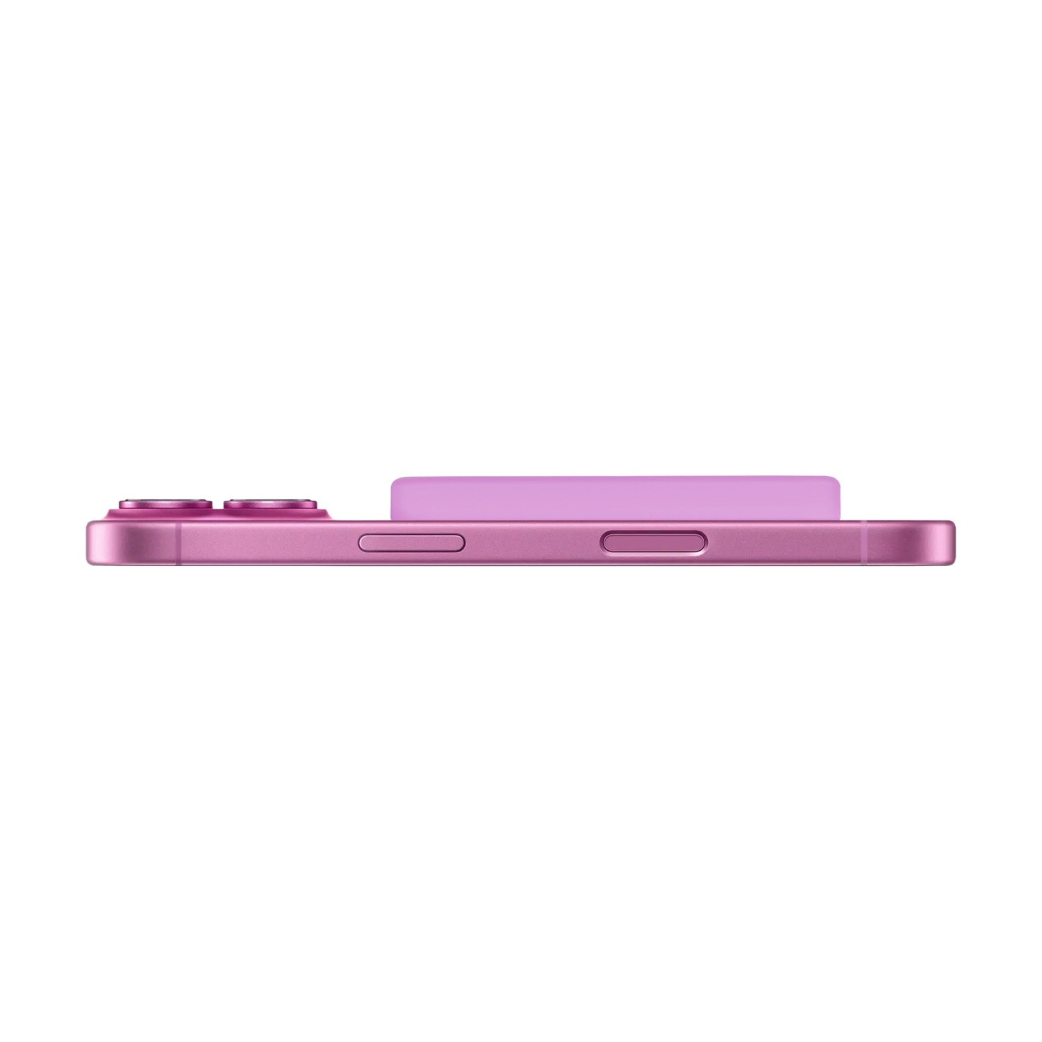 Vista laterale di uno smartphone rosa con custodia viola e protuberanza della fotocamera, pulsanti visibili, sfondo bianco.