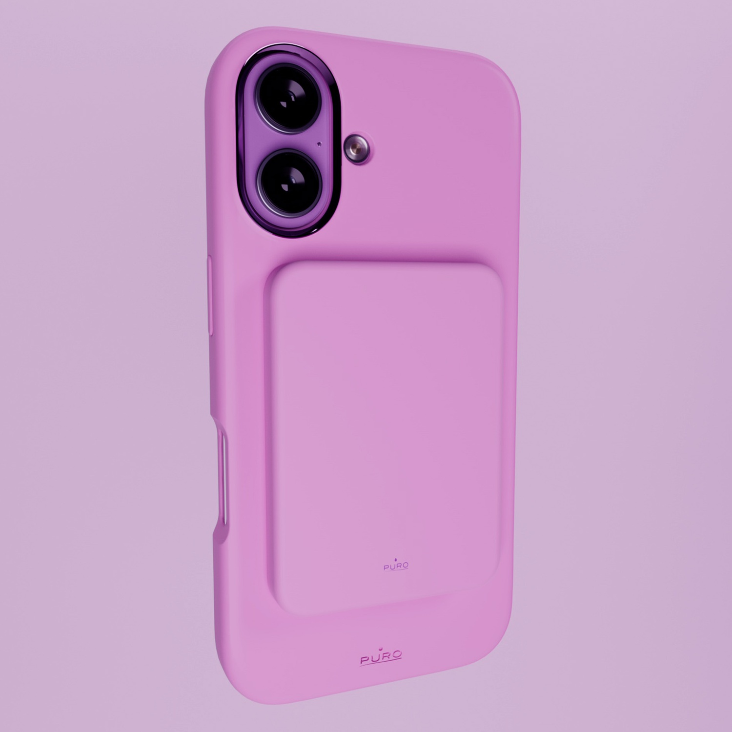 Una custodia rosa per telefono, con lenti della fotocamera e una sezione rettangolare. Anche lo sfondo è rosa.