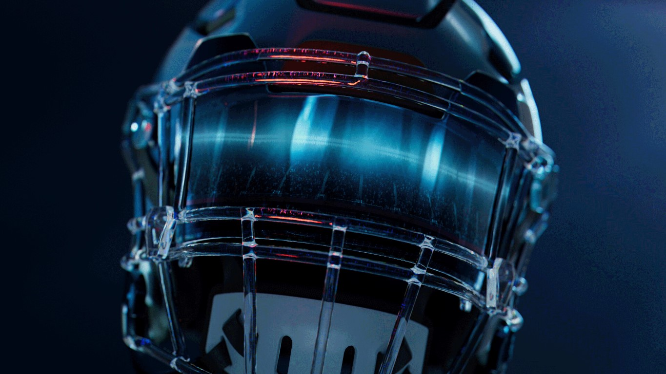 Zbliżenie czarnego kasku do futbolu amerykańskiego z przezroczystym wizjerem. Wizjer odbija światła stadionu. Tło jest granatowe.