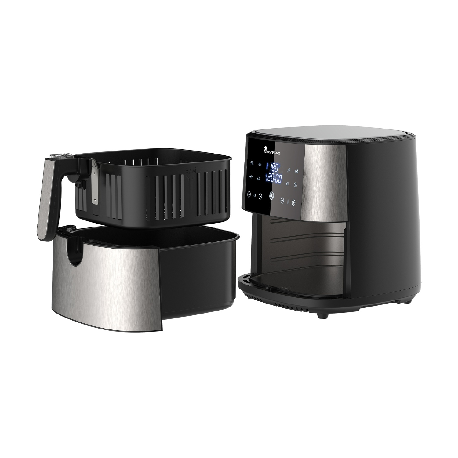 Friggitrice ad aria nera e argento con cestello rimovibile, display digitale e sfondo bianco.