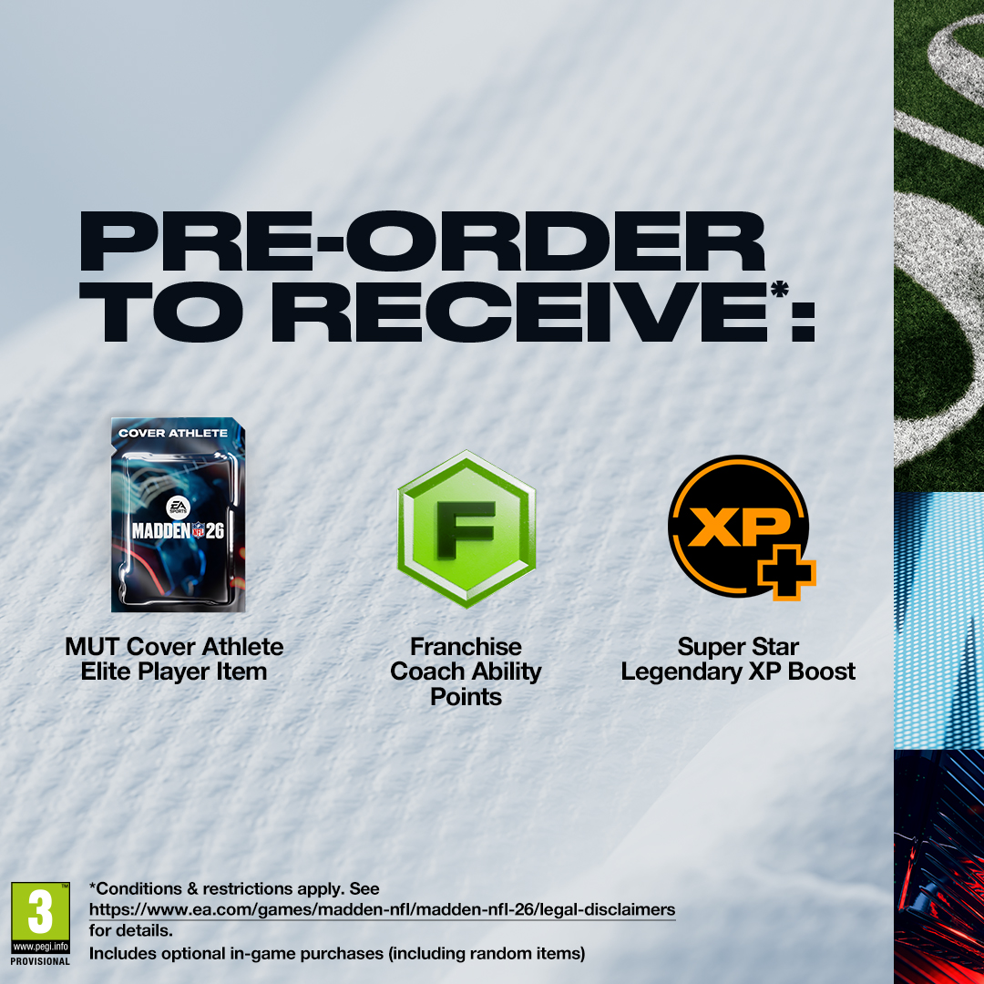 Grafika promocyjna dla Madden NFL 26, pokazująca bonusy za zamówienia przedpremierowe: przedmiot gracza, punkty trenera i doładowanie XP. Tekst i logo na niebieskim tle.
