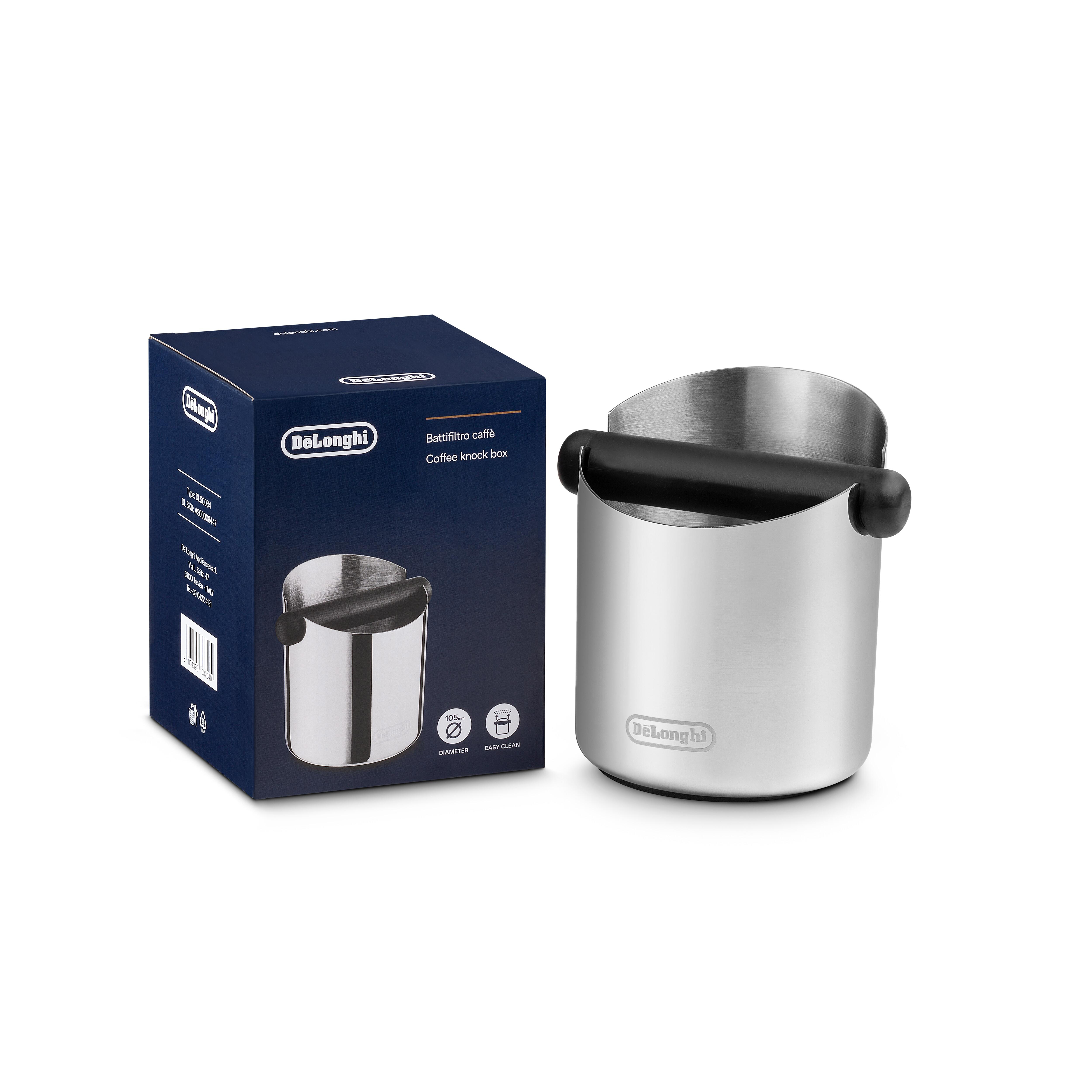 Auf weißem Hintergrund befinden sich eine De'Longhi Kaffeeabschlagbox und ihre Schachtel. Die Box ist blau, die Abschlagbox silber.