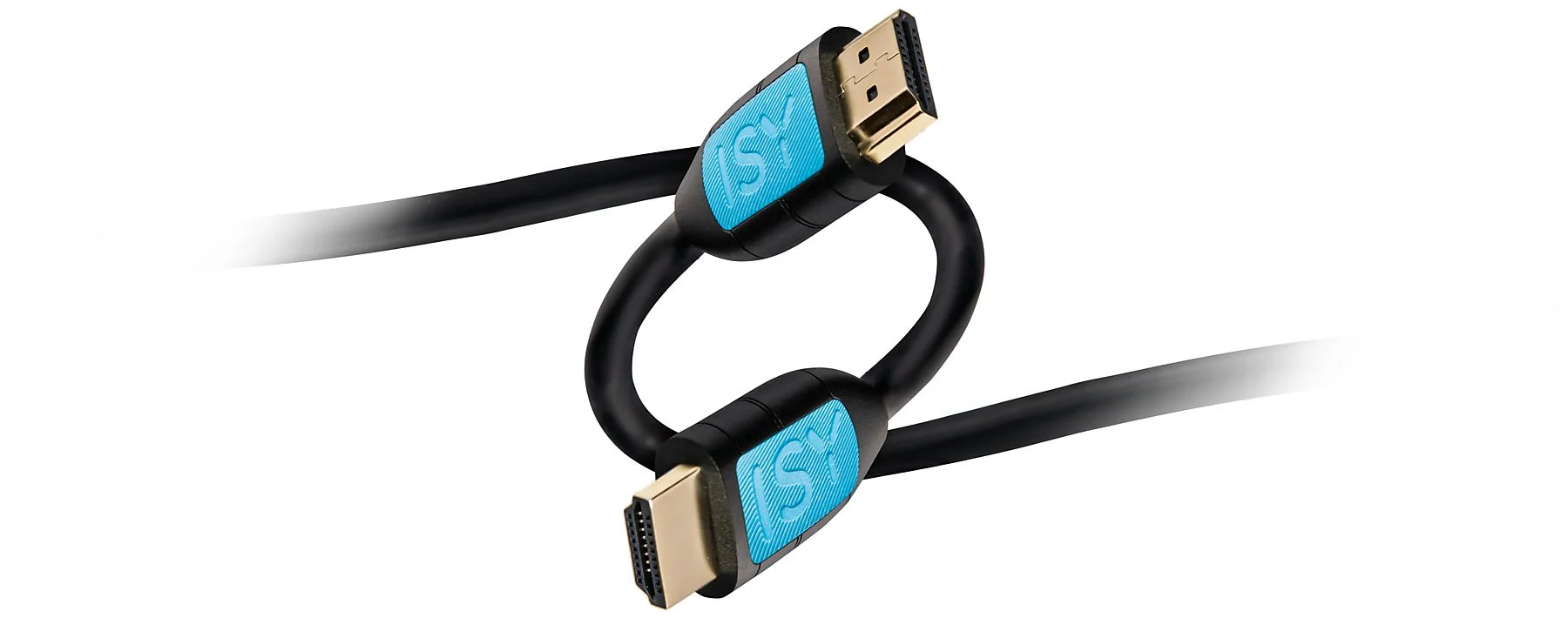 Fekete HDMI-kábel kék díszítéssel és arany csatlakozókkal, ívelt. Fehér háttér.