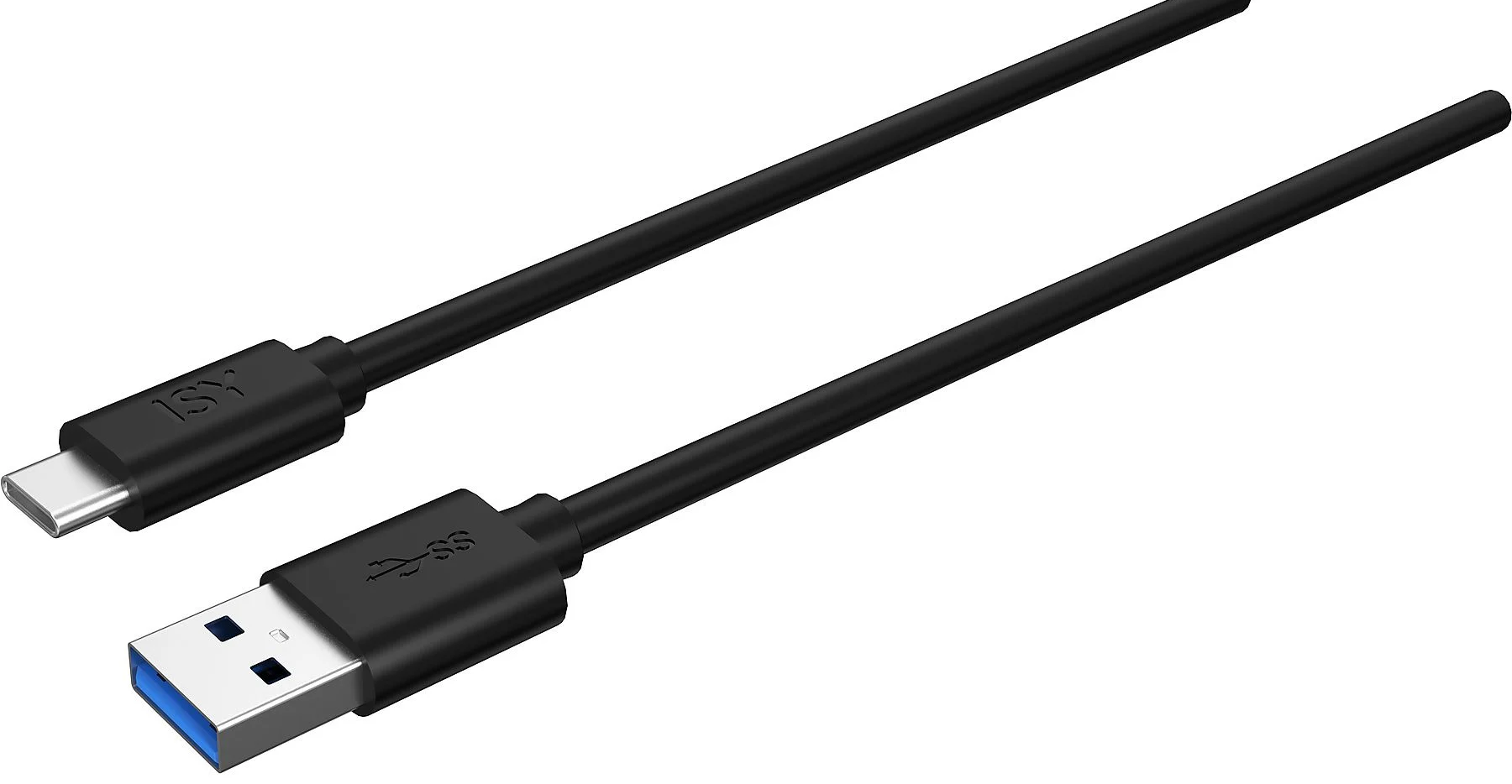 Két fekete USB-kábel fehér háttéren. Egy USB-C és egy USB-A csatlakozó látható.