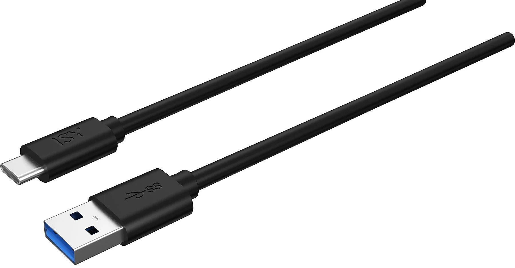 Két fekete USB-kábel. Az egyik USB-C csatlakozóval, a másik USB-A csatlakozóval, kék betéttel.