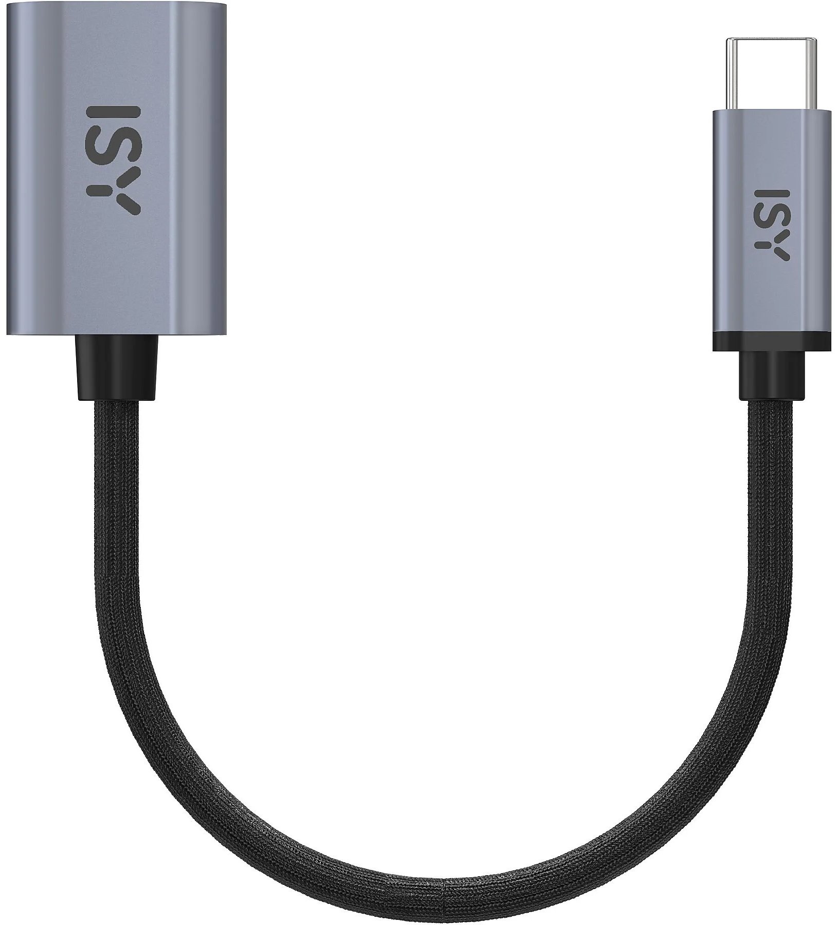 Szürke USB-C adapter fekete fonott kábellel. Az adapteren az 'ISY' logó látható.