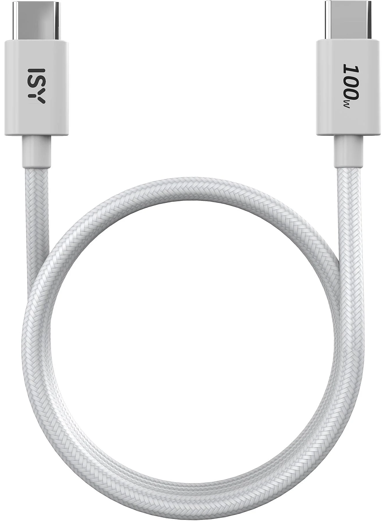 Fehér ISY 100W USB-C kábel fehér háttéren. A kábel szövött kialakítású.
