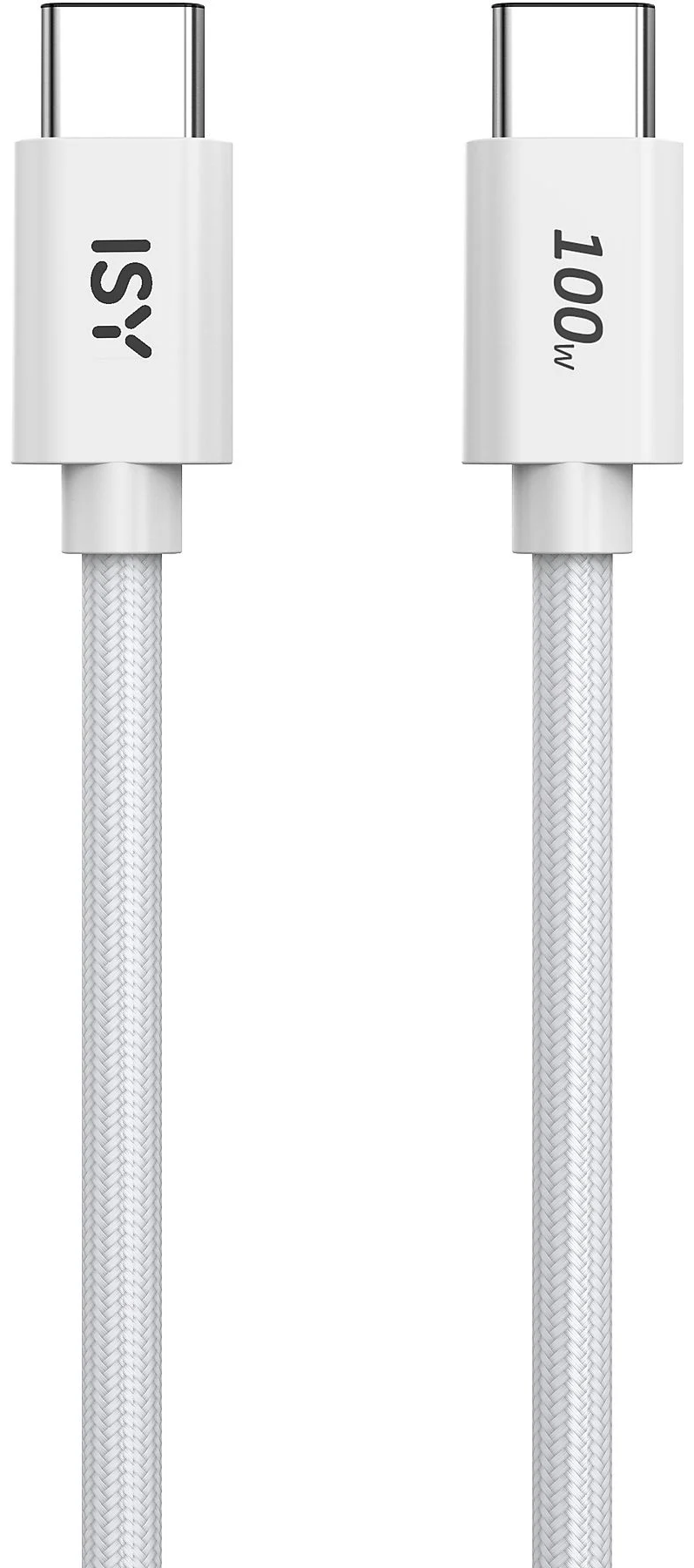 Két fehér USB-C kábel. Az egyik 'ISY', a másik '100w' felirattal. Mindkettő fonott kábellel fehér háttér előtt.