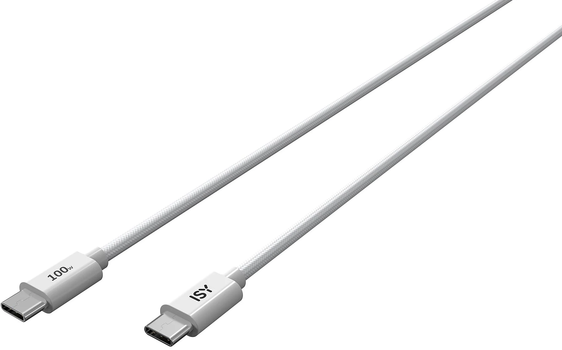Két fehér USB-C kábel, egy '100w' felirattal és egy 'ISY' logóval, átlósan helyezkedik el egy fehér háttéren.