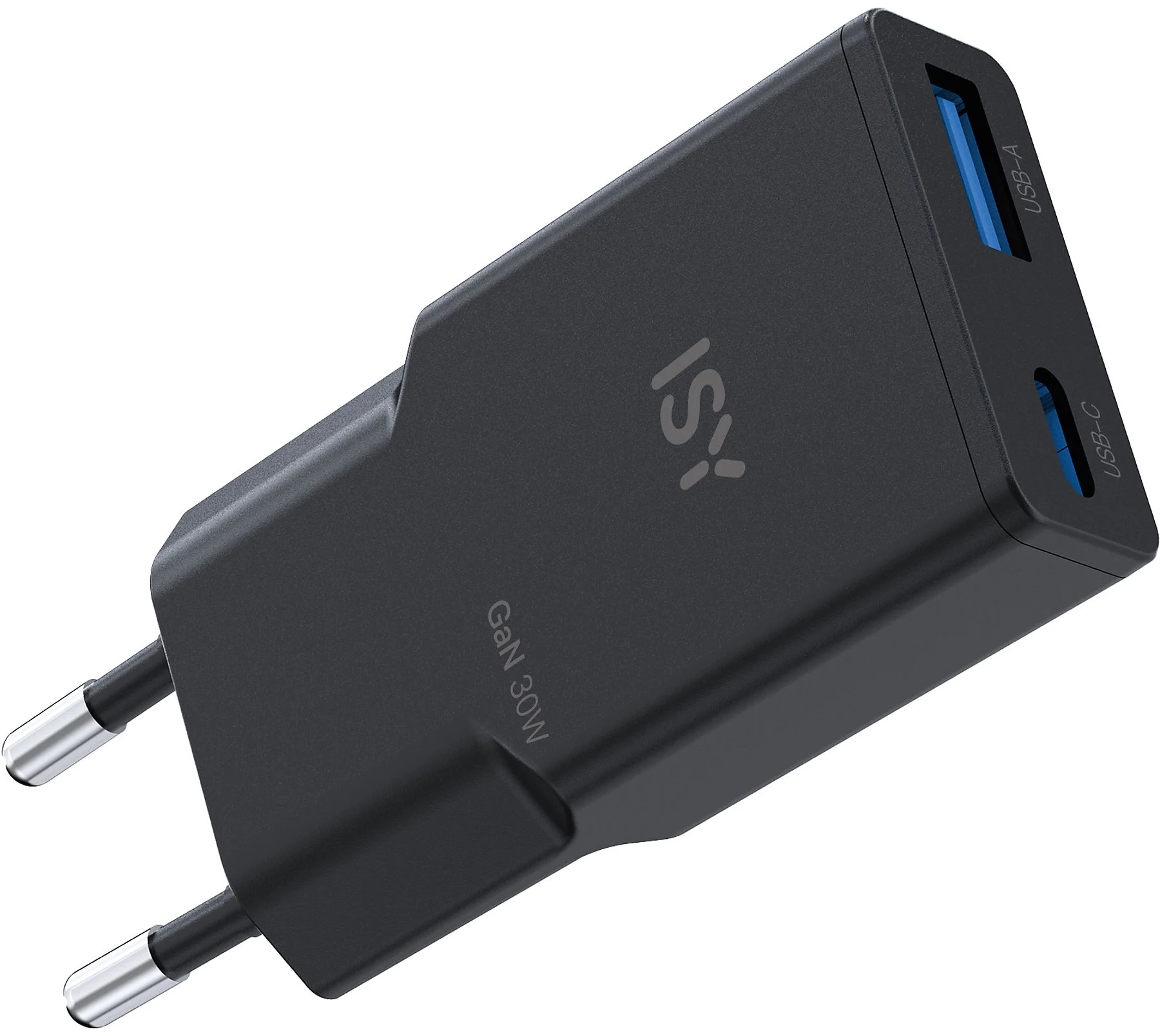 ISY Vékony hálózati töltő adapter, max 30 W GaN, USB-A, USB-C, fekete (IWC-4130)