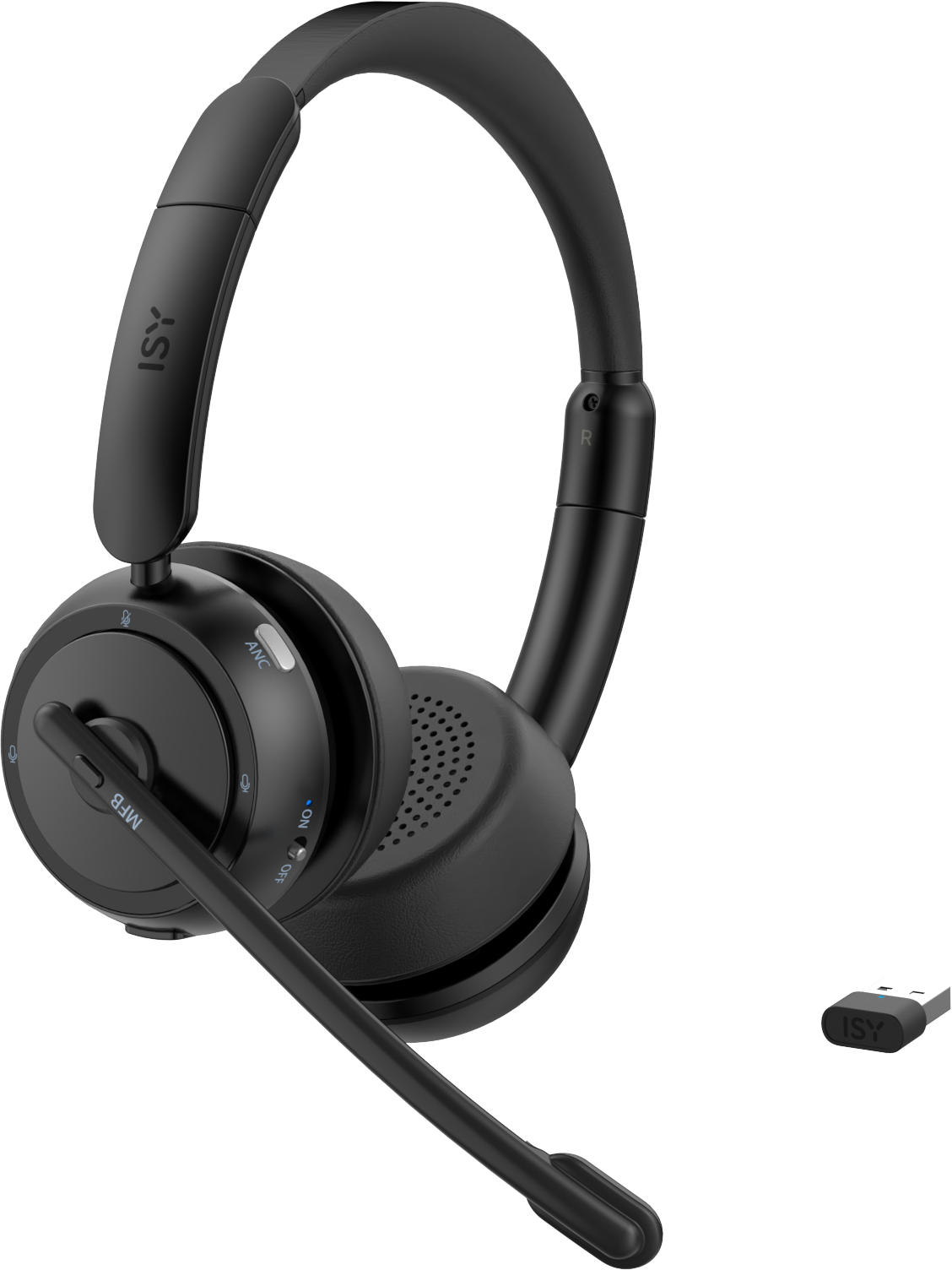 Fekete ISY headset, karos mikrofonnal és külön USB csatlakozóval, fehér háttéren.