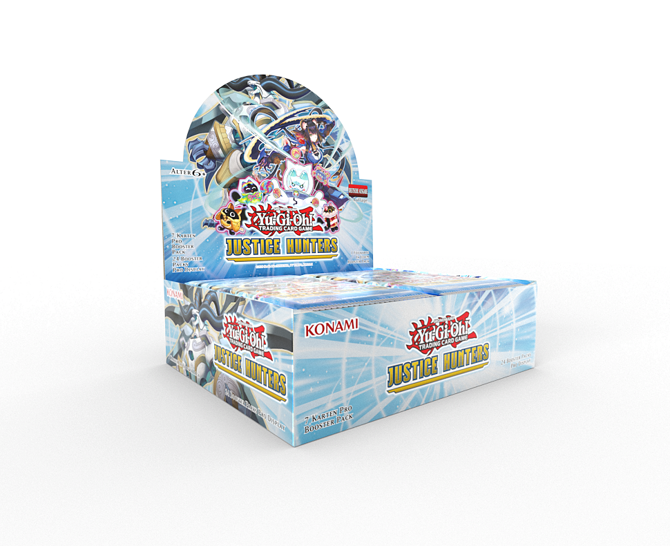 Yu-Gi-Oh! Justice Hunters Boosterbox. Hellblaue Box mit Spielgrafiken und Text. Konami-Logo sichtbar.
