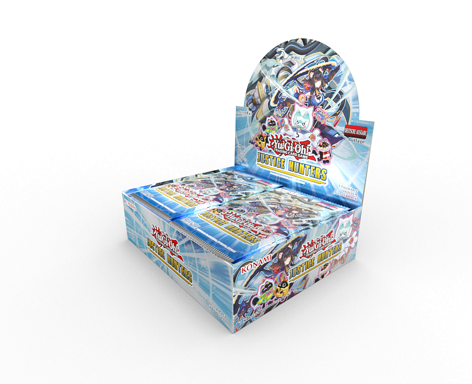 Ein Yu-Gi-Oh!-Justice Hunters Kartenspiel-Box-Set. Die Box ist blau und mit verschiedenen Charakteren bedruckt. Der Hintergrund ist weiß.