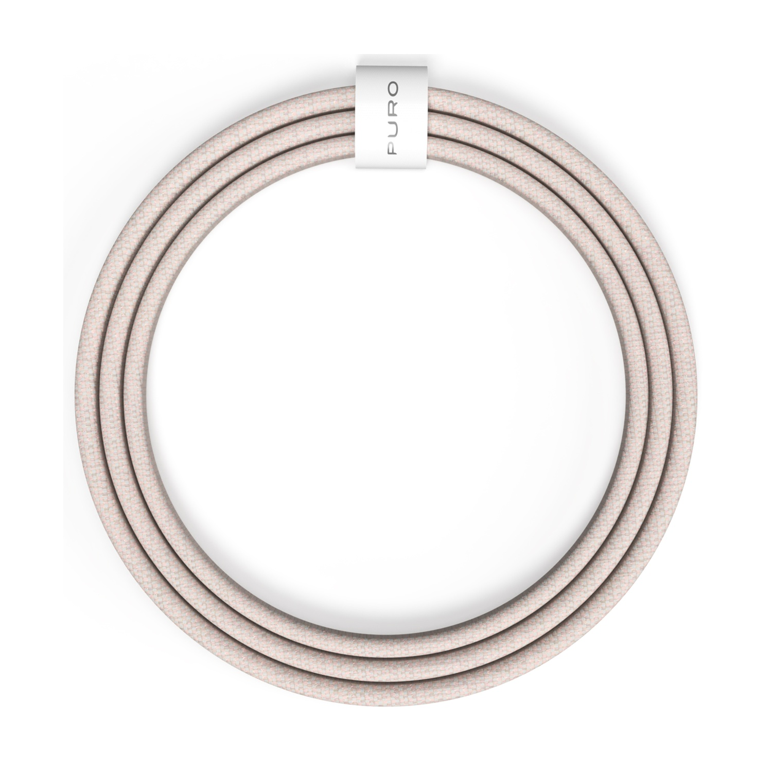 Un cavo beige arrotolato con una fascia bianca con la scritta 'PURO' poggia su uno sfondo bianco, vista dall'alto.