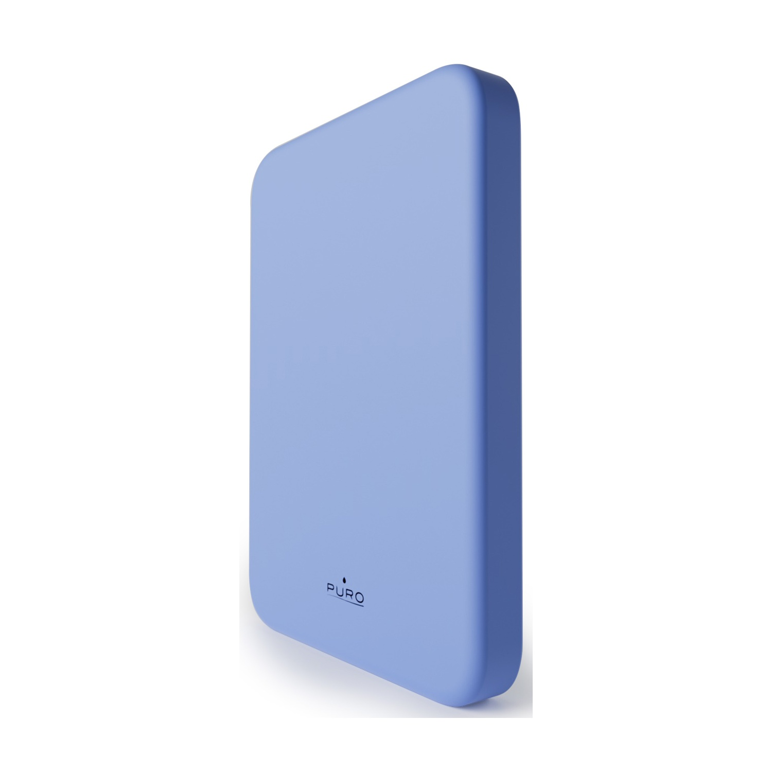 Un power bank rettangolare azzurro con bordi arrotondati. Il marchio "PURO" è stampato in basso.