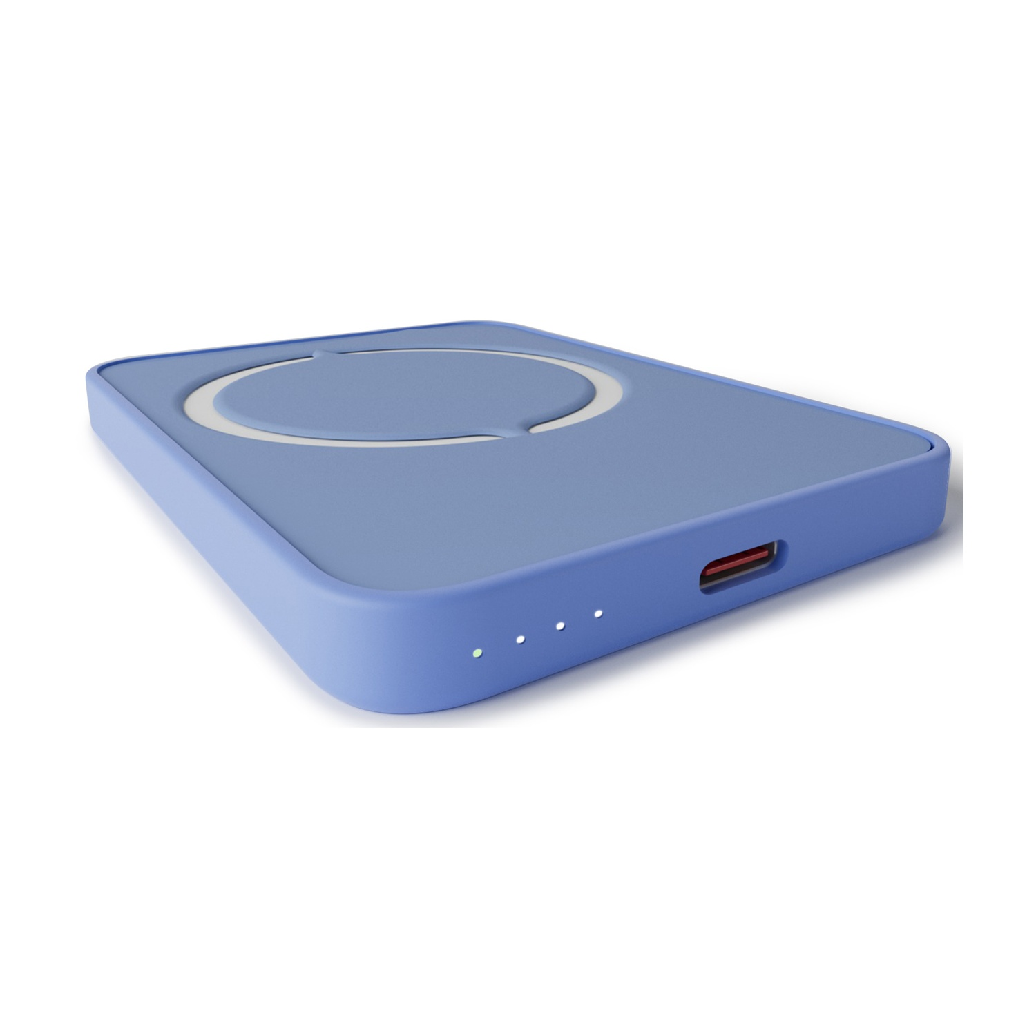 Caricatore wireless blu. Cerchio bianco al centro. Tre punti bianchi indicano lo stato di carica. Porta USB-C sul lato.