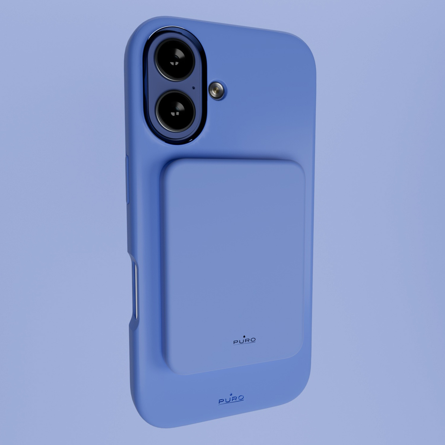 Una custodia blu per telefono con modulo fotocamera e accessorio quadrato. Il marchio "Puro" è stampato sulla custodia.