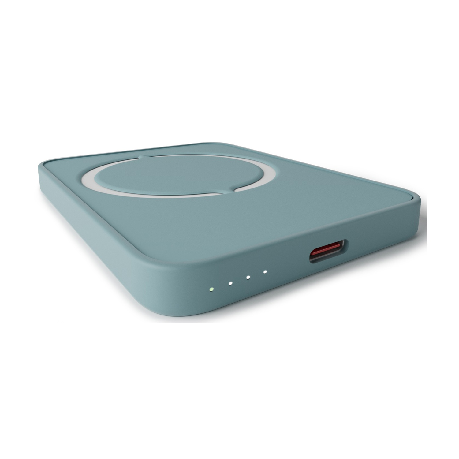 Un caricatore wireless verde acqua. Ha un cerchio di ricarica bianco, tre spie e una porta di ricarica.
