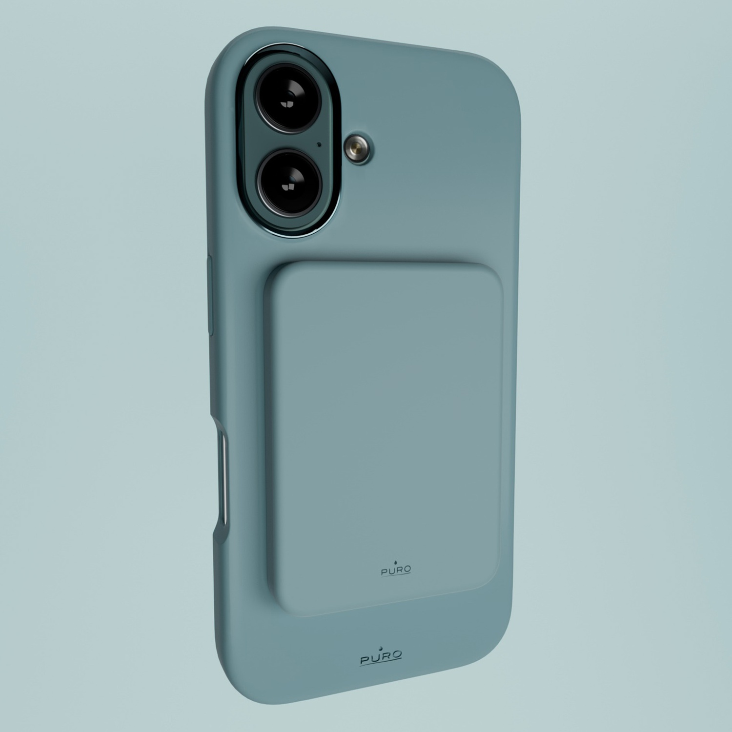 Una custodia per telefono verde acqua con un accessorio quadrato magnetico. La custodia ha un ritaglio per la fotocamera e la parola 'PURO' è stampata.