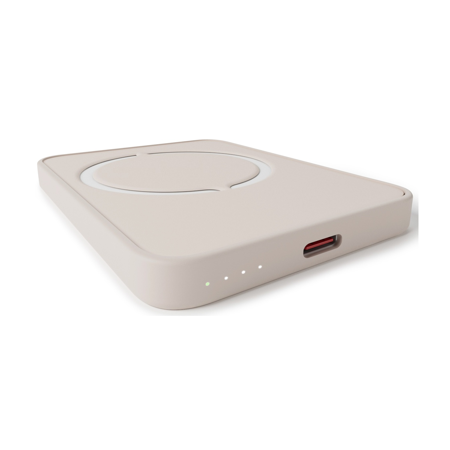 Un caricatore wireless beige su sfondo bianco. Ha un'area di ricarica circolare e una porta USB rossa.