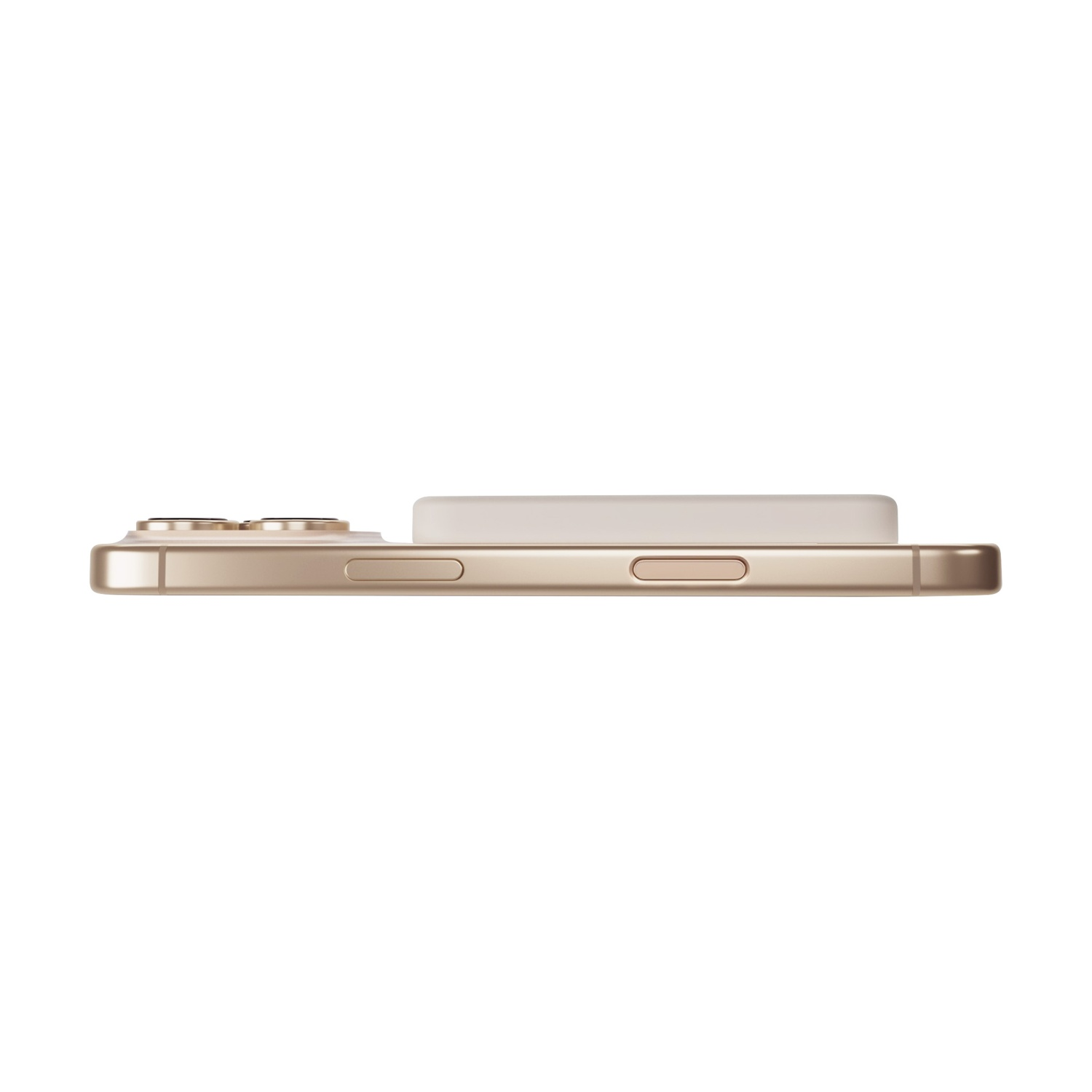Vista laterale di smartphone dorato, con accessorio bianco, su sfondo bianco. Obiettivi della fotocamera visibili.