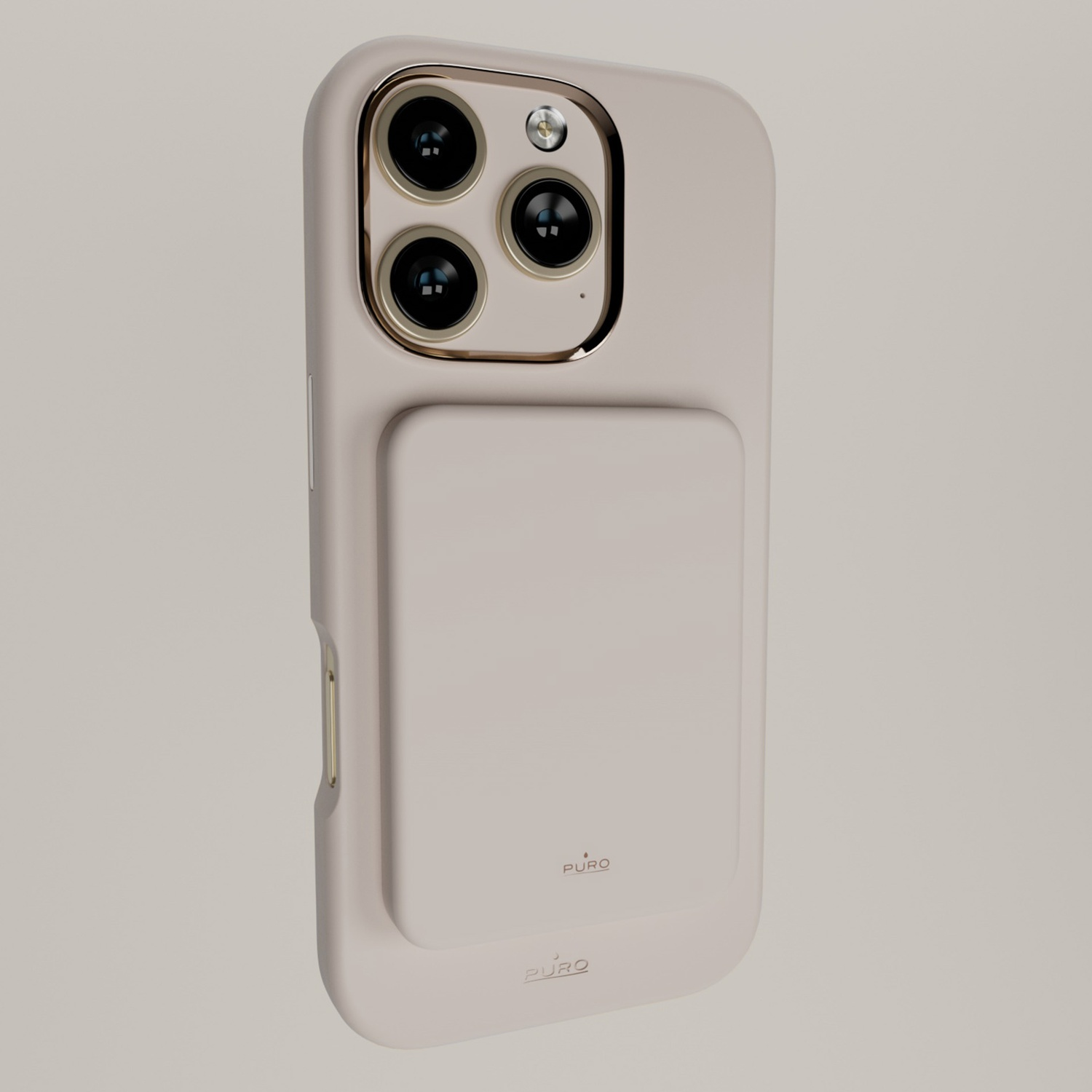 Una custodia per telefono beige chiaro con tre obiettivi e un accessorio rettangolare. Visibile il marchio 'Puro'.