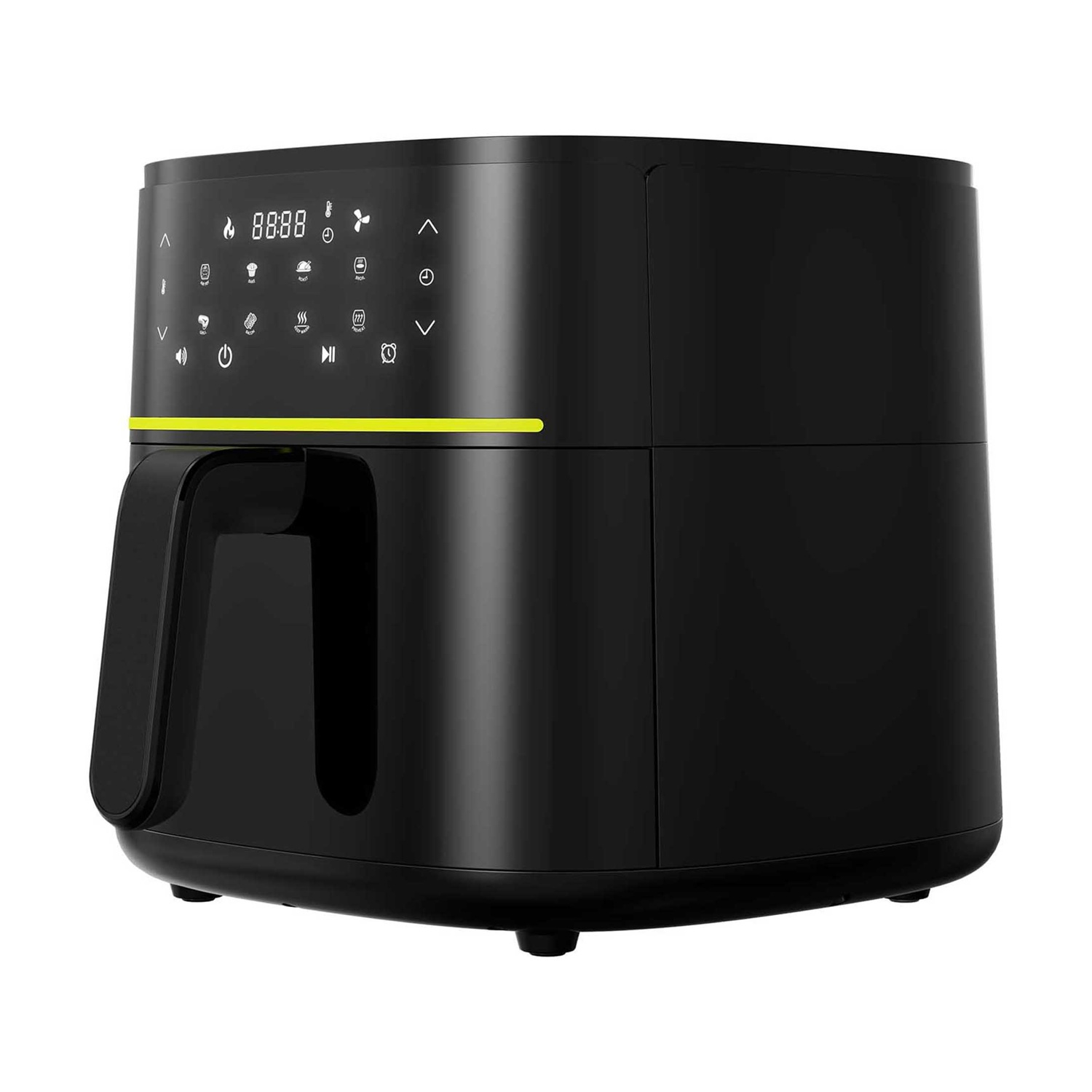 Friggitrice ad aria nera con display digitale, maniglia a sinistra, linea di accento gialla.