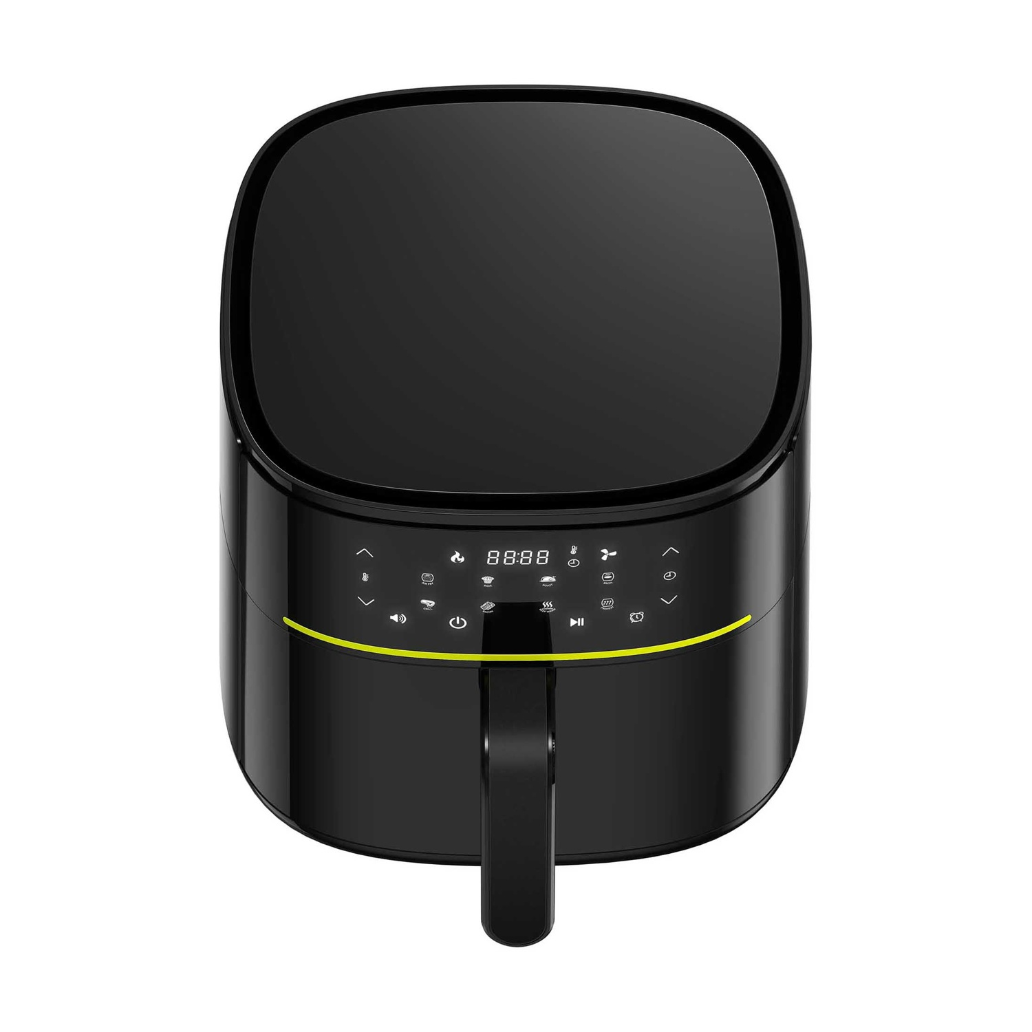 Una friggitrice ad aria nera con display digitale. Ha maniglia e pannello di controllo con icone.