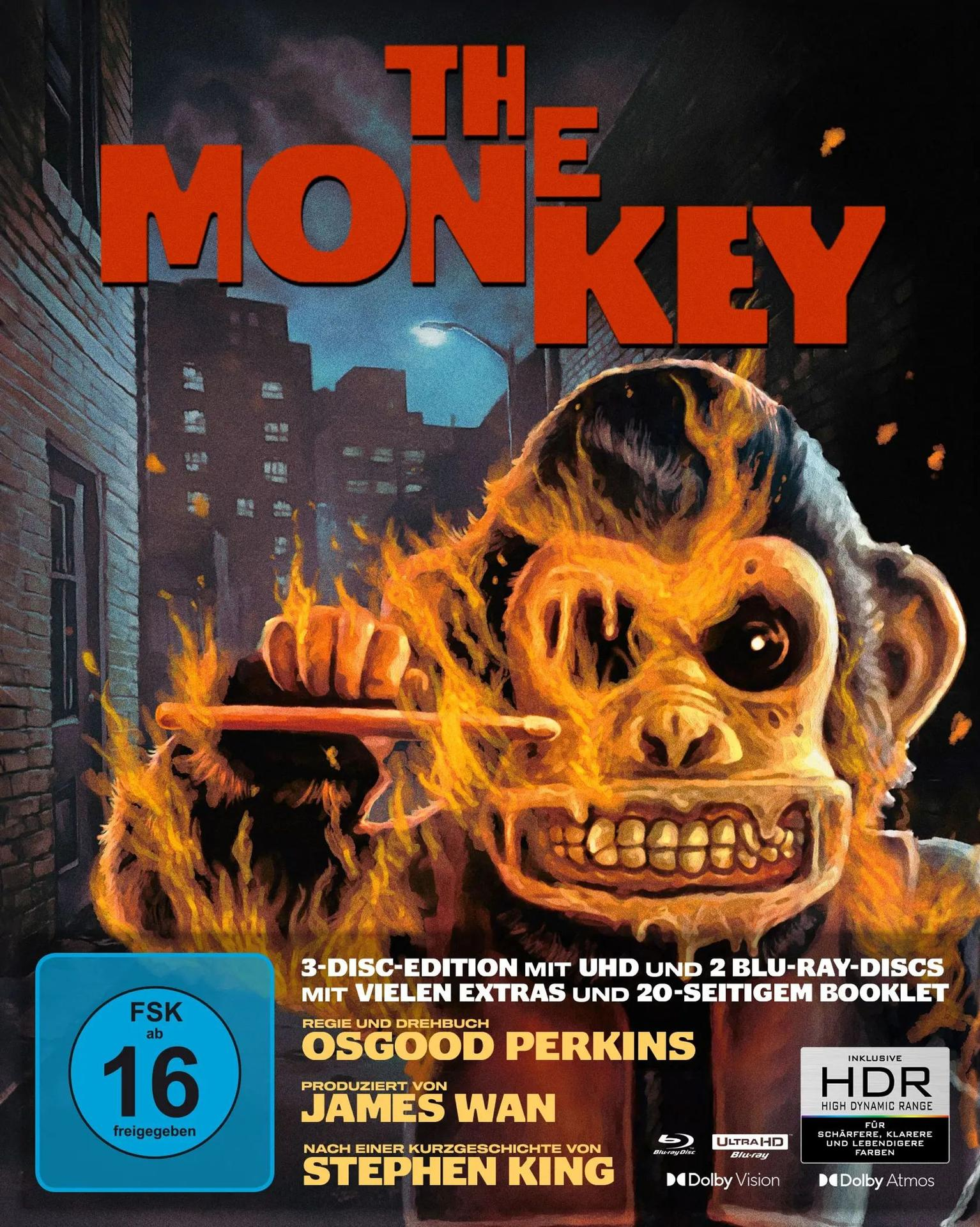 Filmposter: Brennender Affe in einer Stadt. Titel 'The Monkey' in Rot. Blu-ray-Details unten, FSK 16 Bewertung.