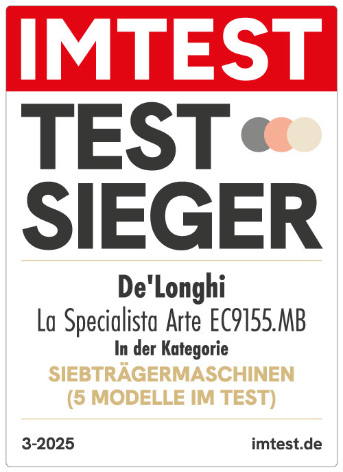 Ein Aufkleber mit Text 'IMTEST TEST SIEGER' und Produktdetails: De'Longhi La Specialista Arte EC9155.MB. Kategorie: Siebträgermaschinen.