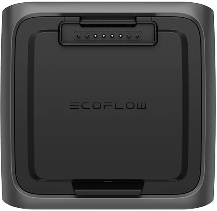 Fekete EcoFlow erőmű. Süllyesztett tetejét jelzőfények és az EcoFlow logója díszíti.