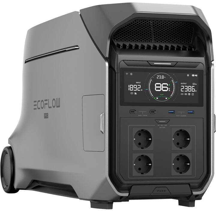 Szürke EcoFlow erőmű, digitális kijelzővel, amely az energiamérőket mutatja, és négy AC kimenettel.