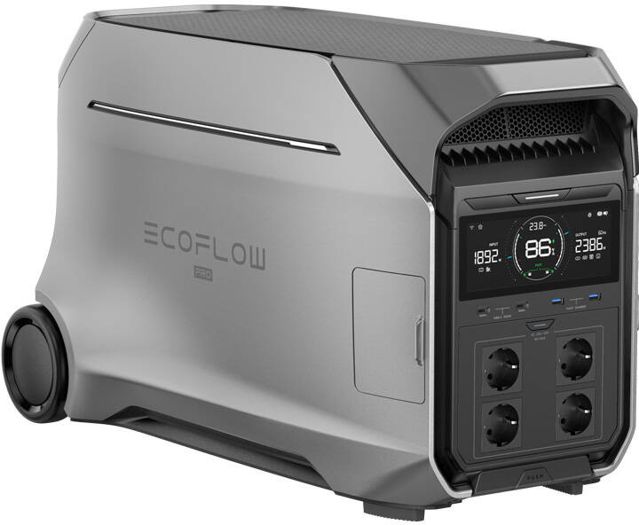 Ezüst-fekete EcoFlow Pro erőmű. Számos kimenettel, kijelzővel és kerekekkel rendelkezik.
