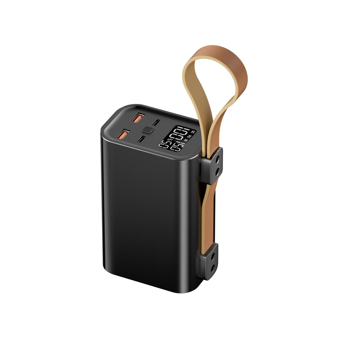 Schwarze Powerbank mit braunem Lederriemen. Der Bildschirm zeigt Zahlen an. Isoliert auf Weiß.