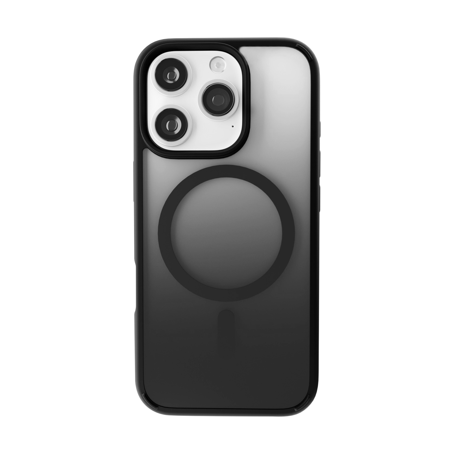 Custodia nera per telefono con lenti della fotocamera. Retro trasparente sfumato. Dettaglio anello nero. Sfondo bianco.