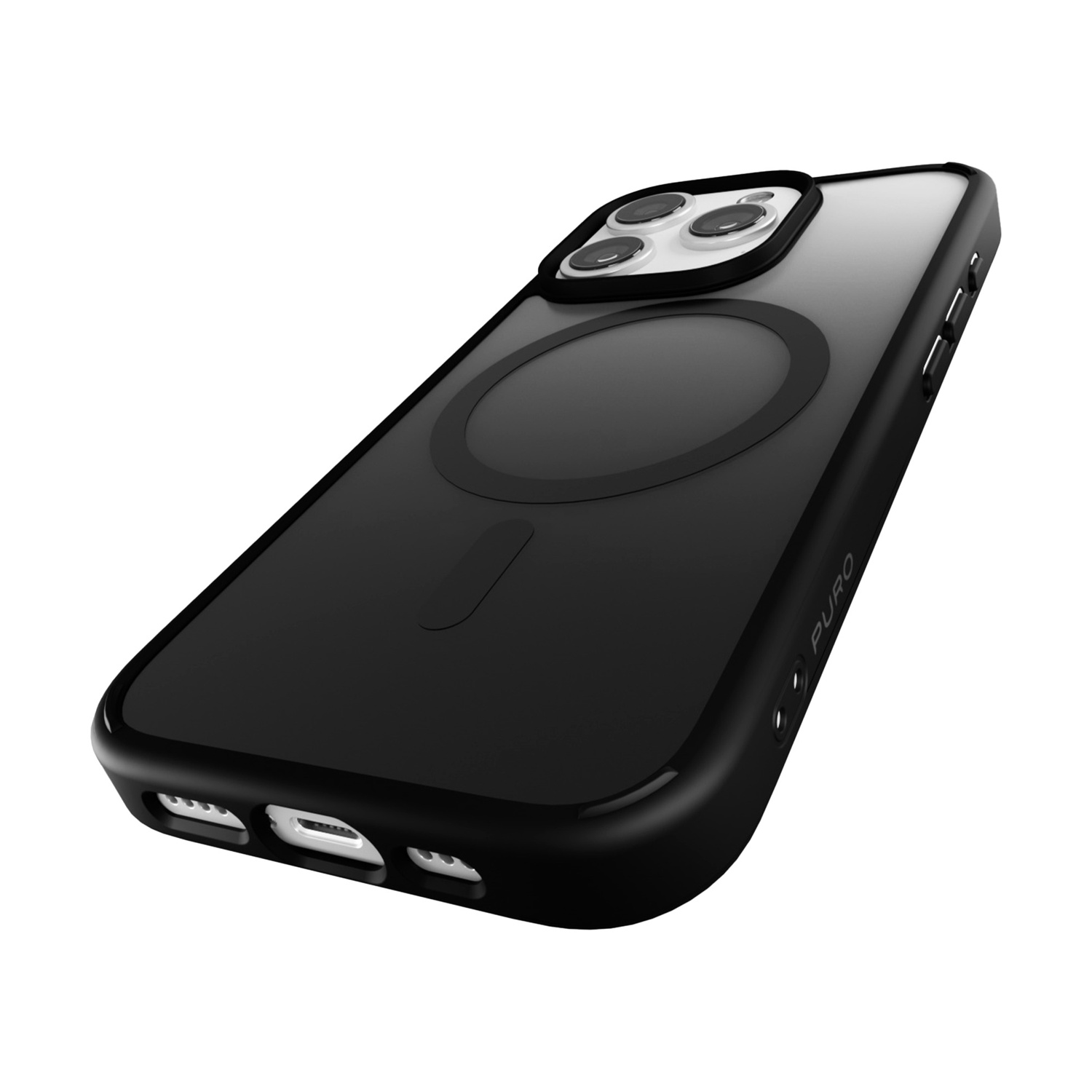 Custodia nera per telefono con retro trasparente. Include fori per fotocamera, anello MagSafe e pulsanti laterali. Marchio "PURO".