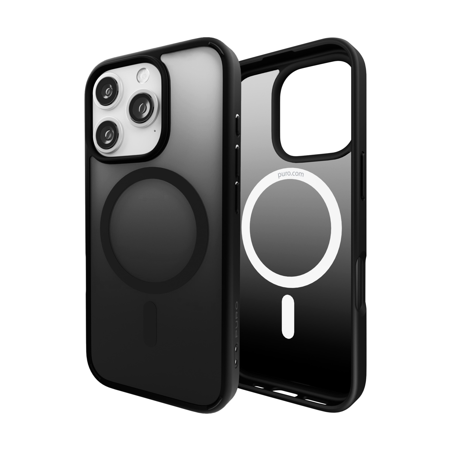 Due custodie nere per telefono, una aperta. All'interno, un cerchio bianco. Sul guscio chiuso, tre obiettivi della fotocamera.