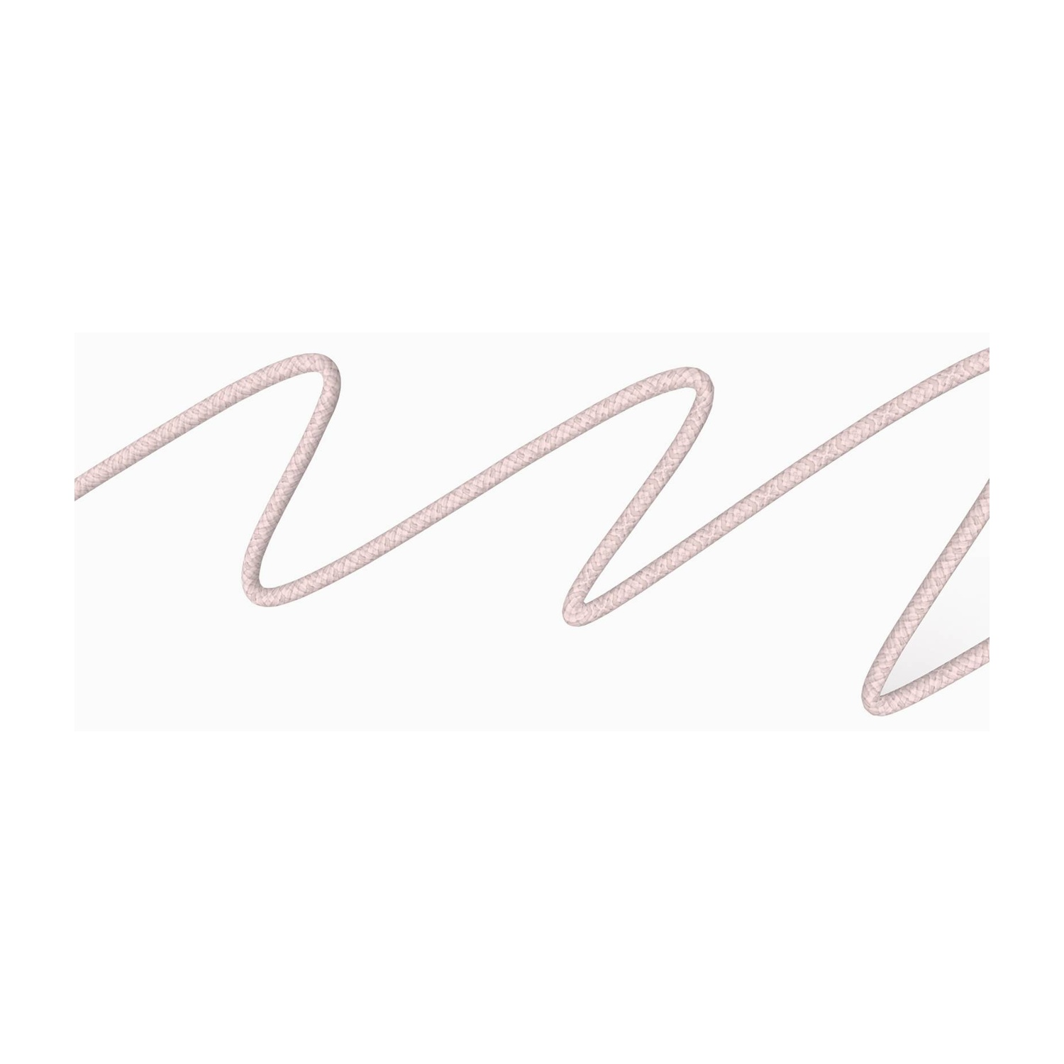 Un cavo rosa chiaro e strutturato si curva su uno sfondo bianco. Il cavo è ondulato, con un motivo a zig-zag.