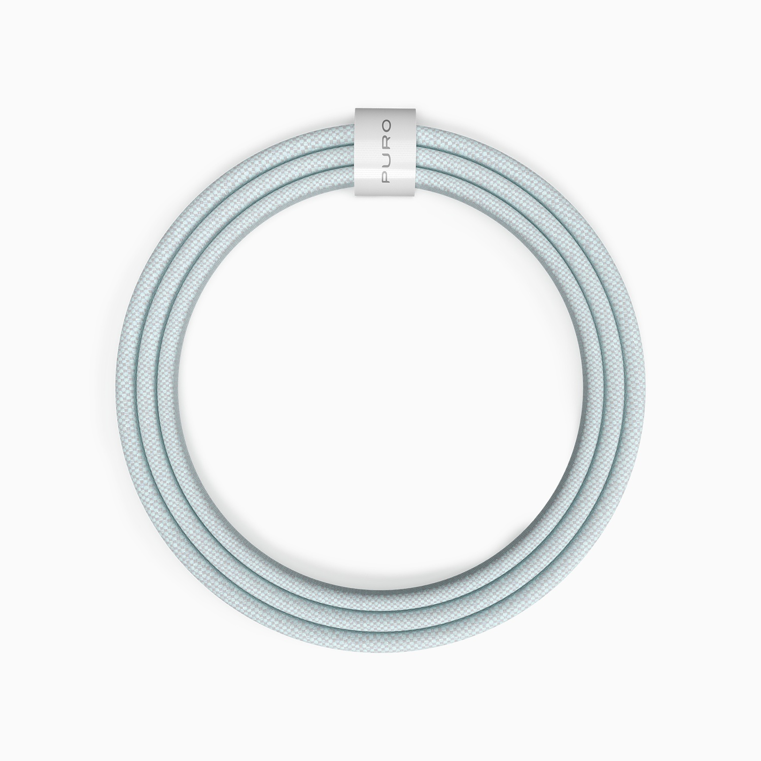 Un cavo blu chiaro a forma di cerchio, tenuto insieme da una fascia argentata con la scritta "PURO", su sfondo bianco.