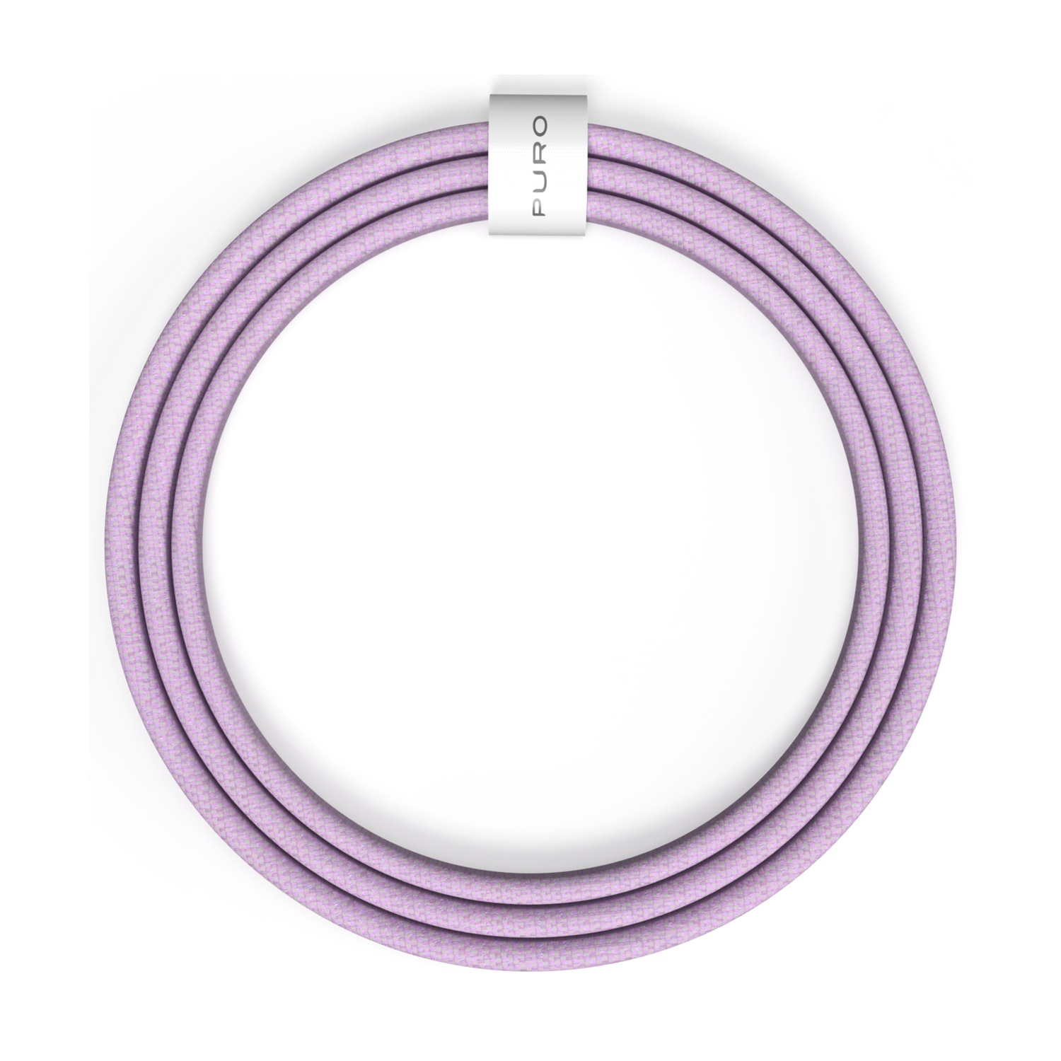 Un cavo a spirale, color lavanda, con una fascia argentata con la scritta "PURO" è appoggiato su uno sfondo bianco.