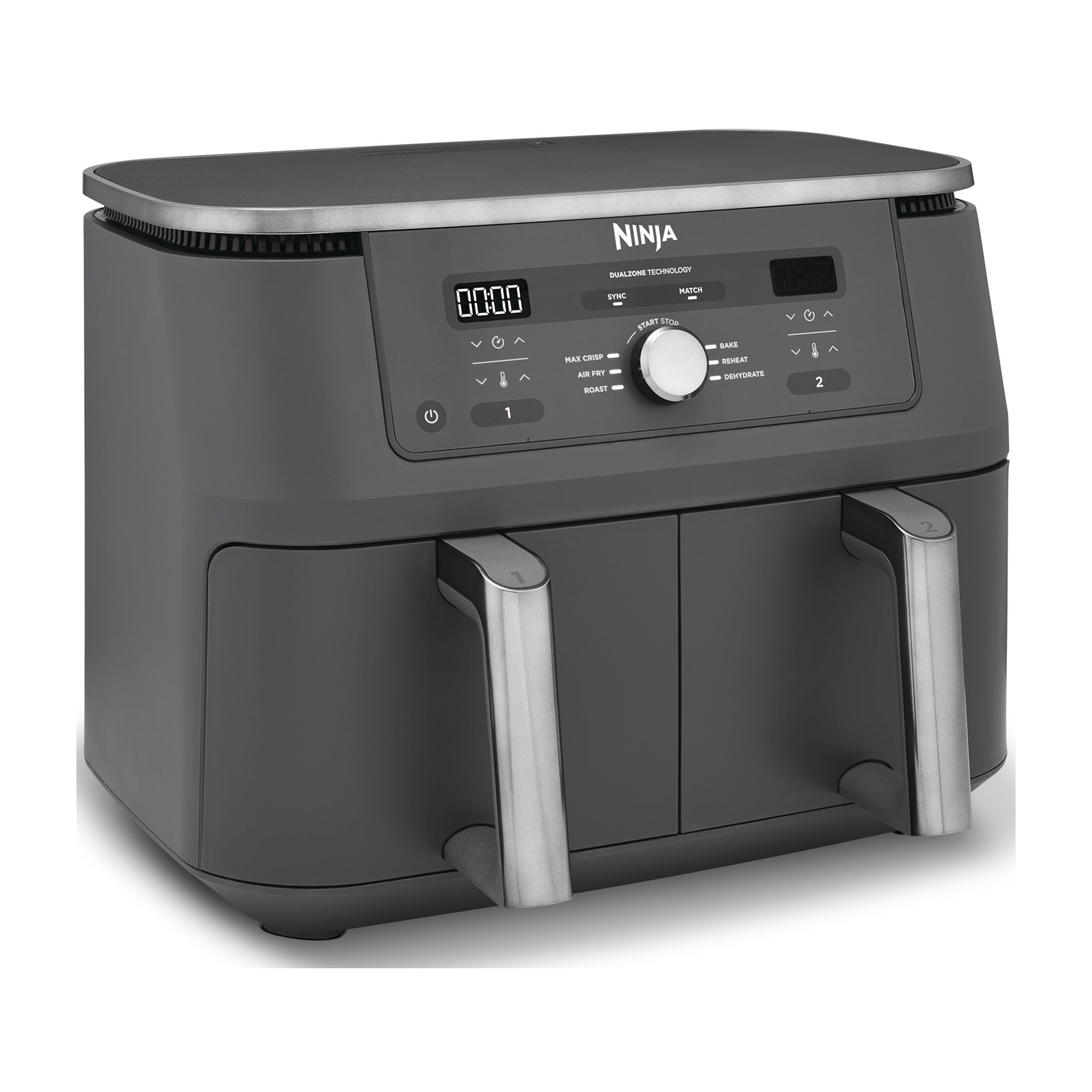 Una friggitrice ad aria Ninja con display digitale e due scomparti, colore grigio scuro. Include pulsanti e maniglie.